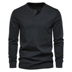 Colourway swatch grid showing the henley shirt available in navy blue, light grey, blue, black, military green and dark grey
