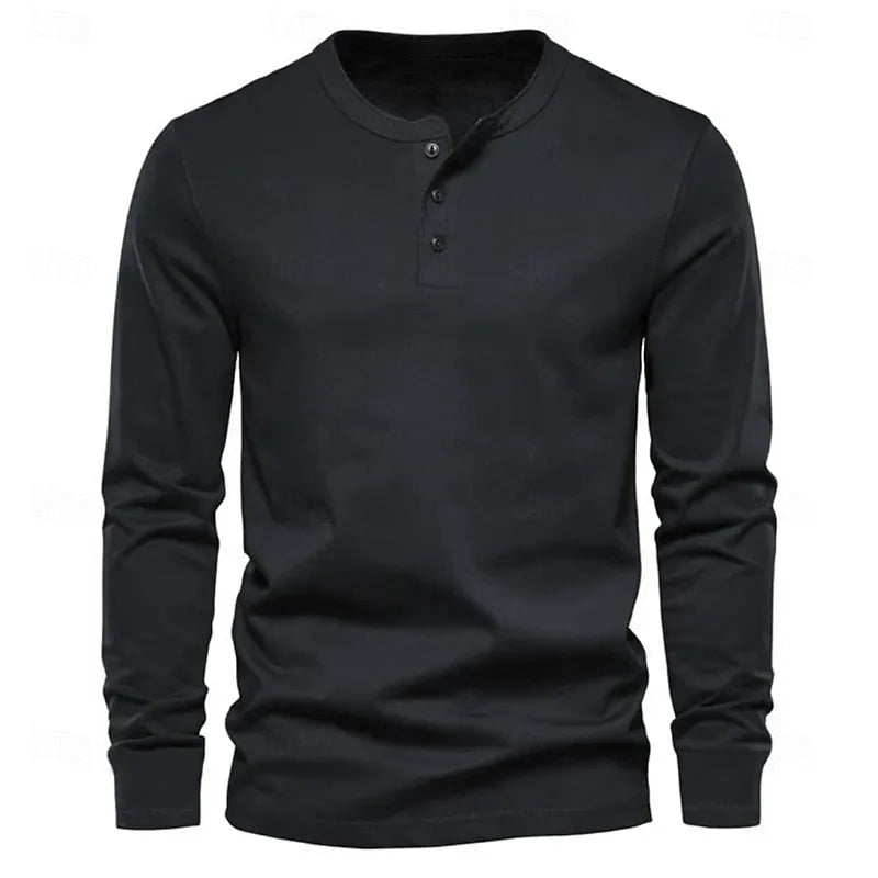 Colourway swatch grid showing the henley shirt available in navy blue, light grey, blue, black, military green and dark grey