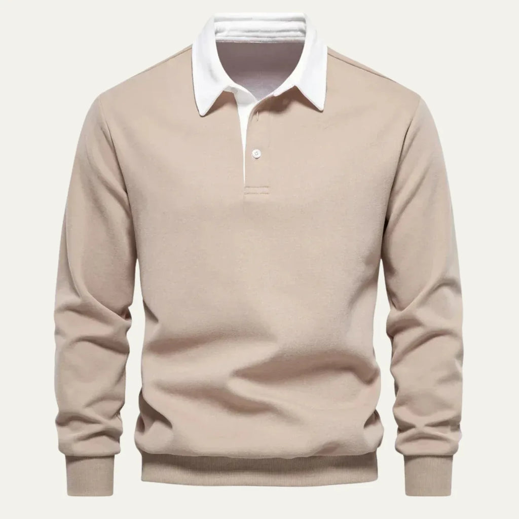 Front view of a khaki long sleeve polo jumper with white contrast collar and three-button placket on a plain background