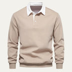 Front view of a khaki long sleeve polo jumper with white contrast collar and three-button placket on a plain background