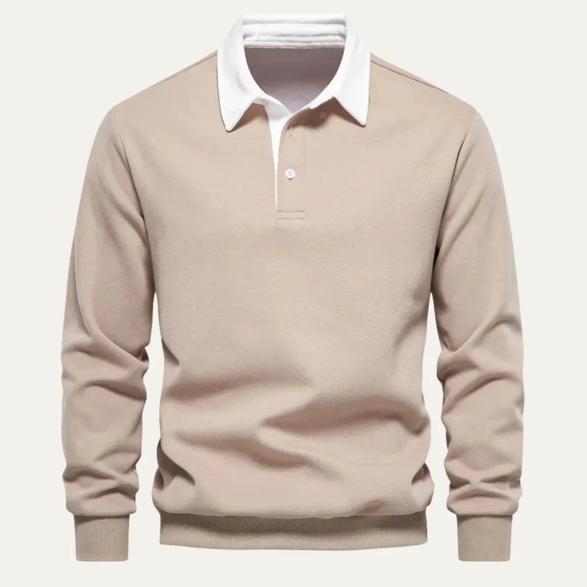 Front view of a khaki long sleeve polo jumper with white contrast collar and three-button placket on a plain background