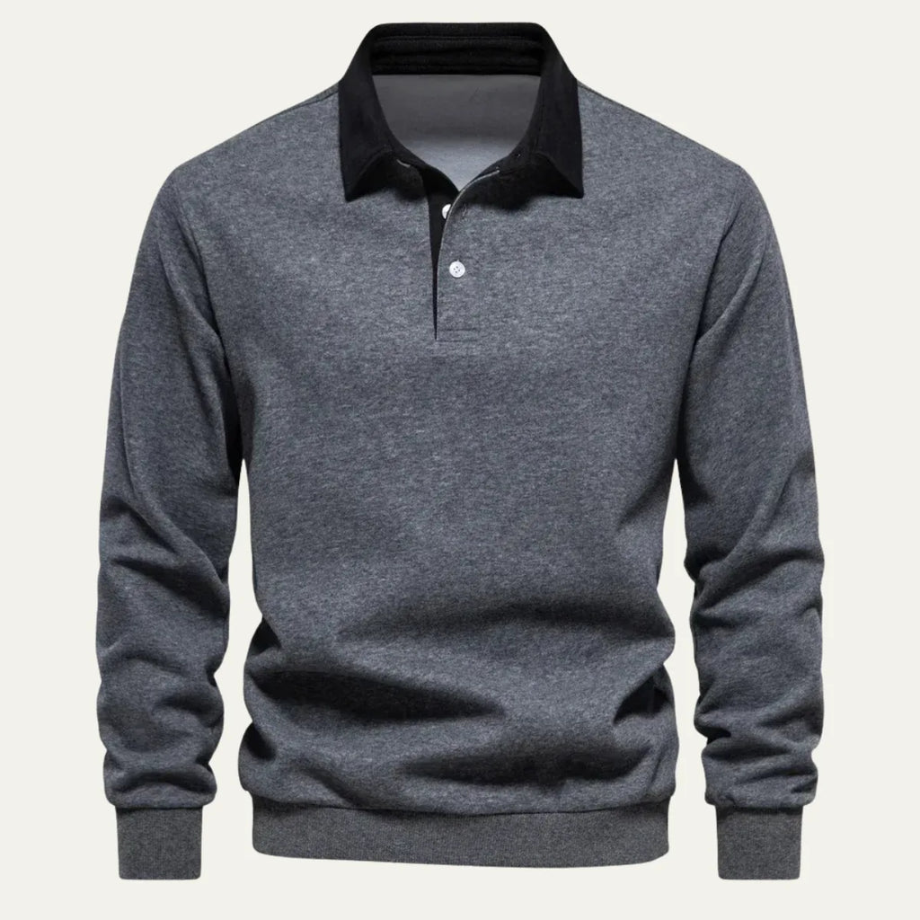 Front view of a dark grey marl long sleeve polo jumper with black contrast collar on a plain background