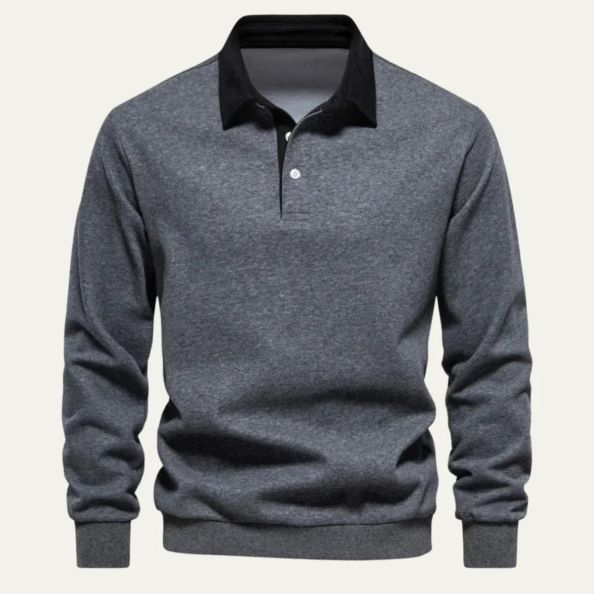 Front view of a dark grey marl long sleeve polo jumper with black contrast collar on a plain background
