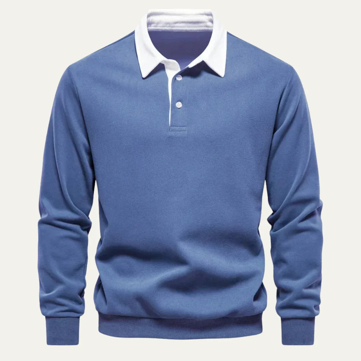 Front view of a denim blue long sleeve polo jumper with white contrast collar on a plain background