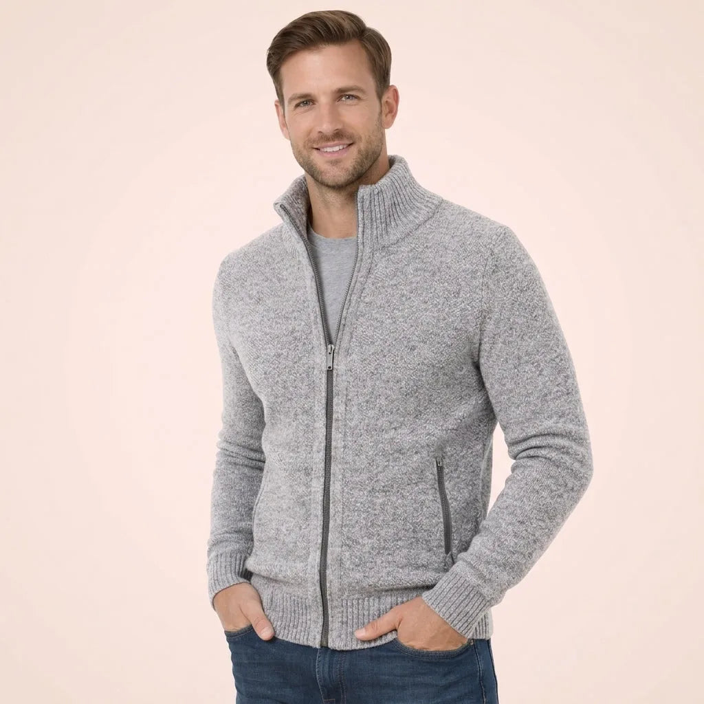Light grey marl merino zip cardigan worn open-collar style over a grey t-shirt with jeans