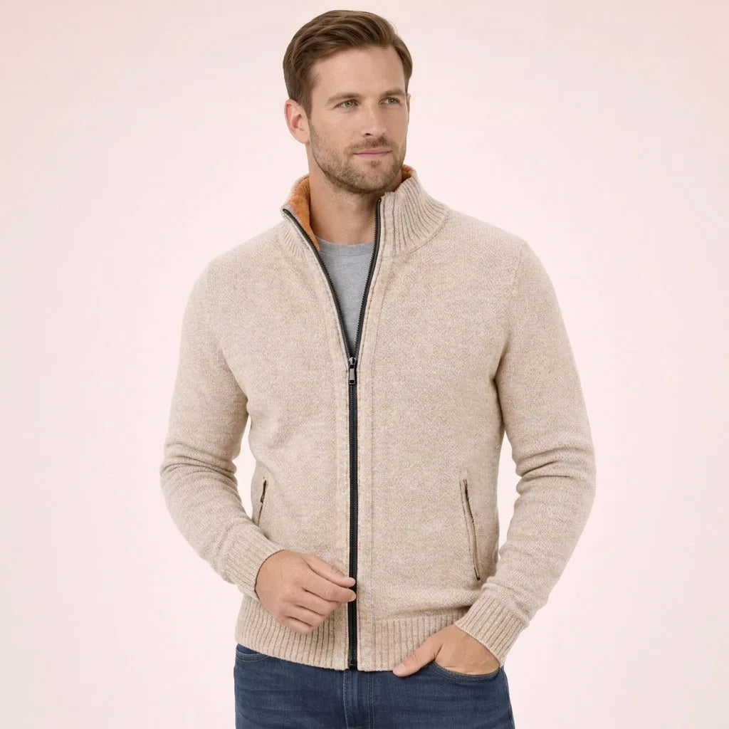 Cream marl full-zip knit jacket with contrast orange inner collar lining and ribbed hem
