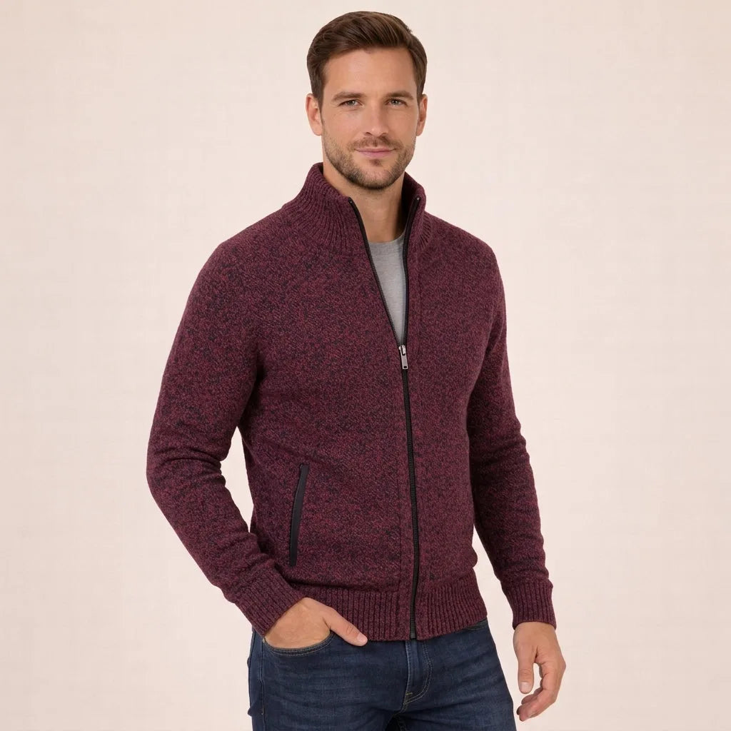 Burgundy marl zip-up knitted jumper with ribbed cuffs and a zippered pocket at the hip