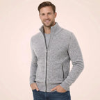 Close-up front view of the grey marl knitted zip jumper showing the two-tone textured stitch pattern