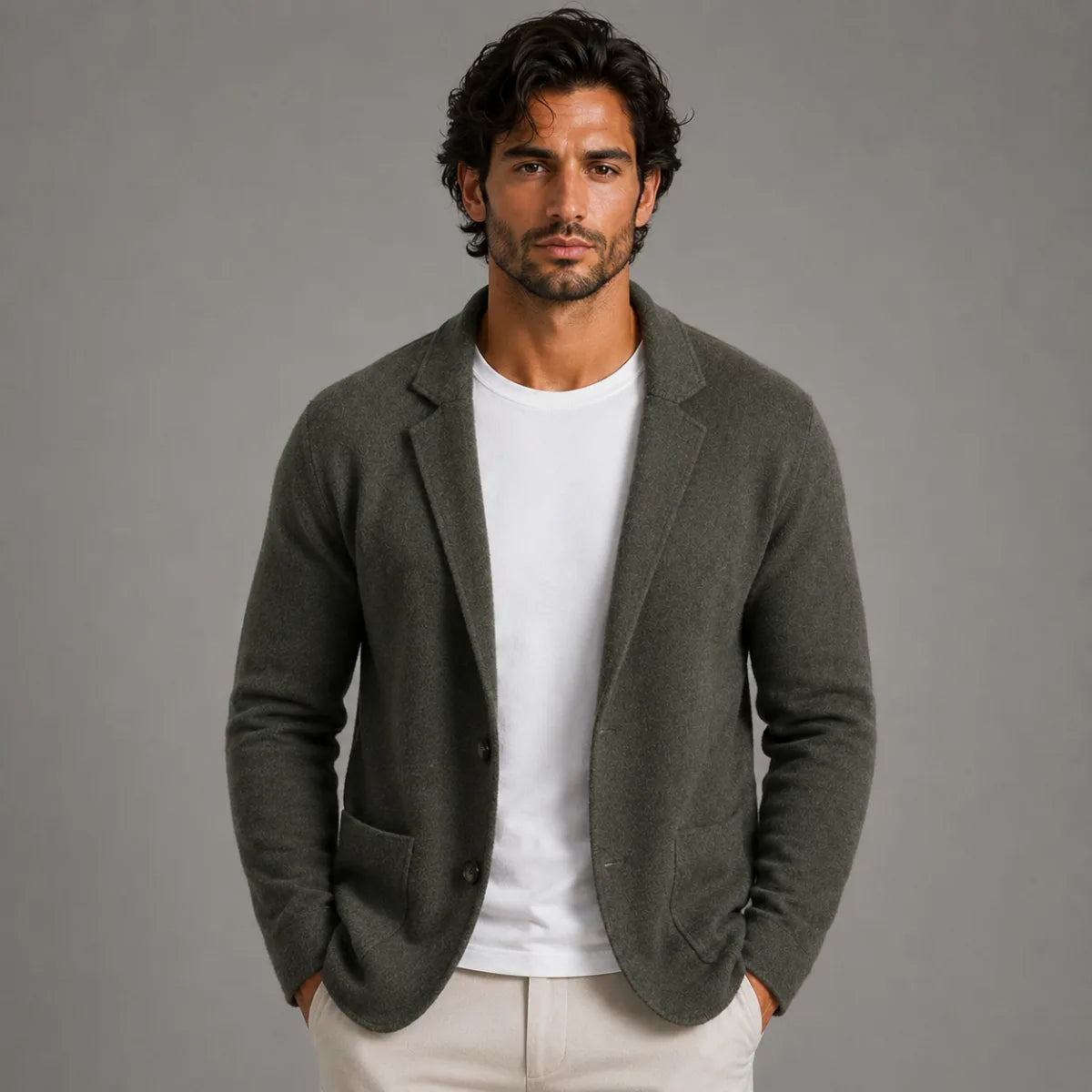 Side angle of a beige knit blazer cardigan on a hanger, showing the drape and notch lapel shape