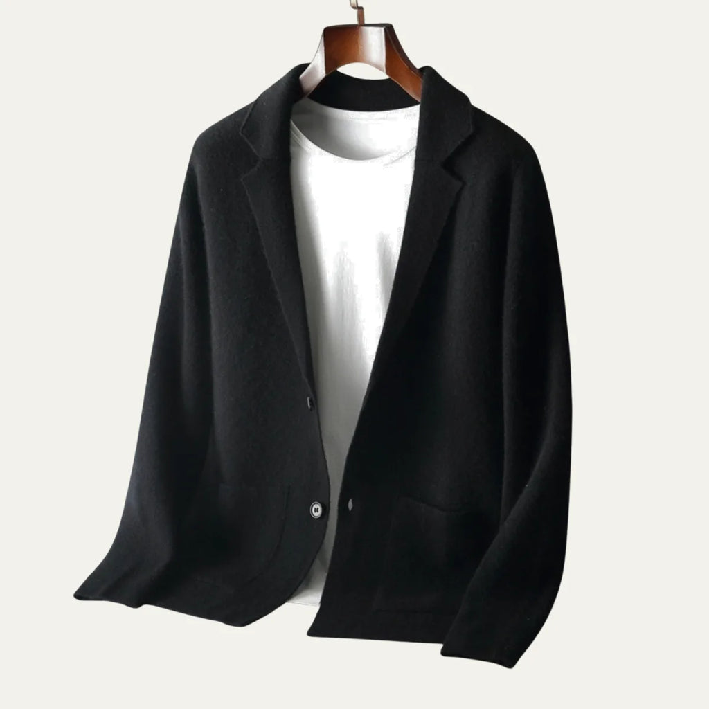 Brown knitted blazer cardigan laid flat, showing the two-button front closure and patch pocket placement