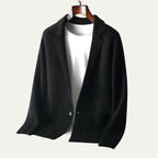 Brown knitted blazer cardigan laid flat, showing the two-button front closure and patch pocket placement