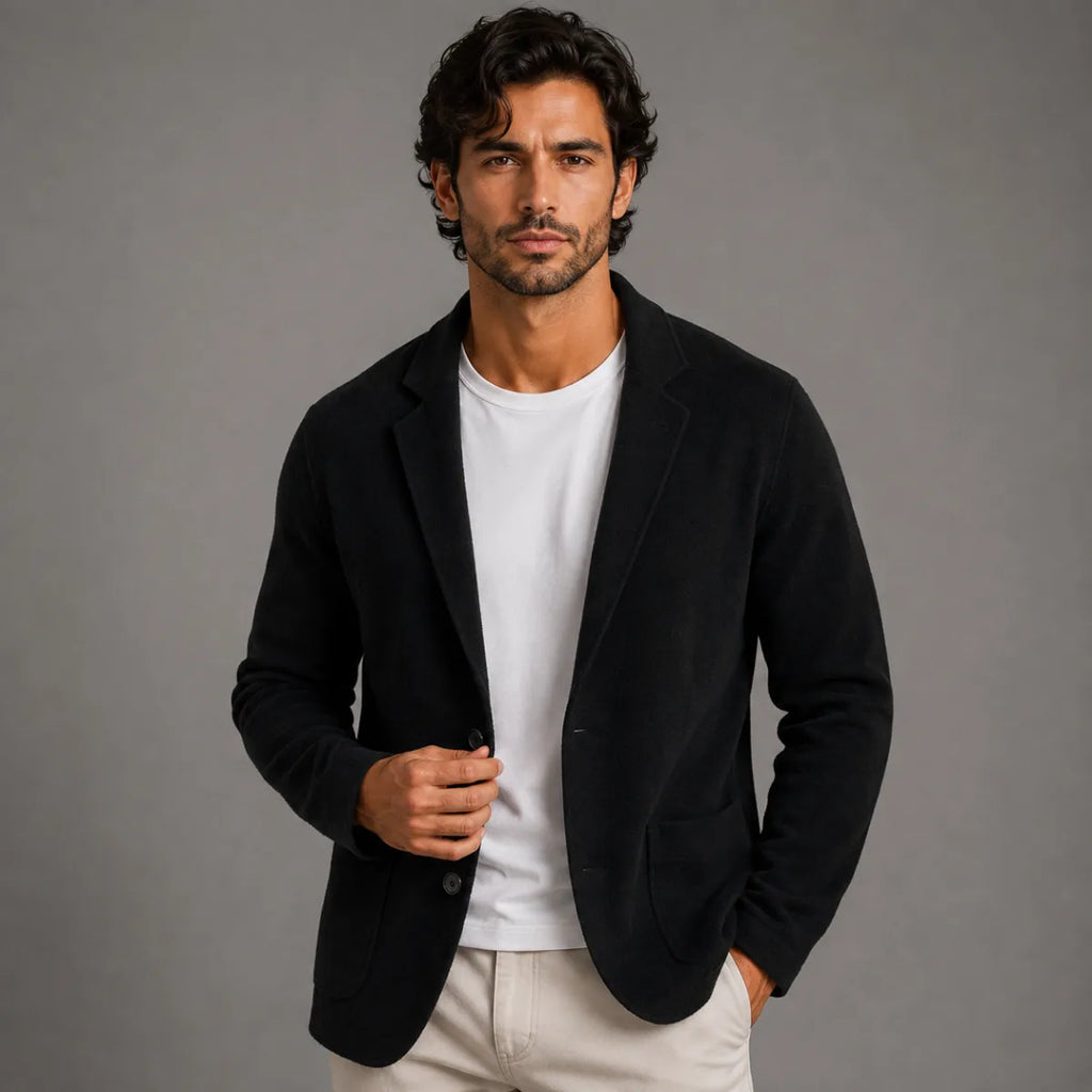 Close-up of the notch lapel and collar construction on a brown knitted blazer cardigan