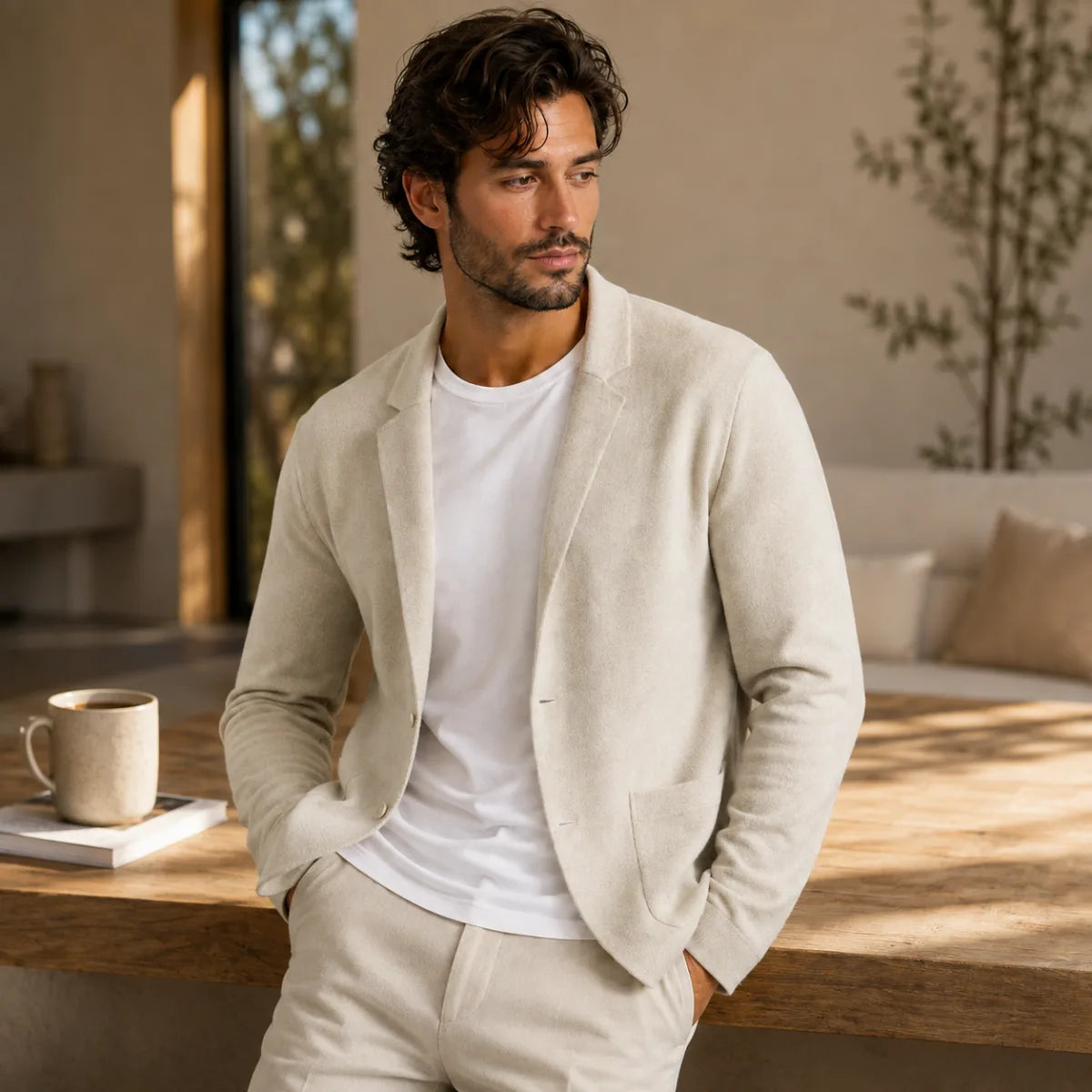 Man wearing a beige knit blazer cardigan outdoors near a stone wall, hands in pockets, paired with cream trousers