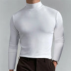 Side-angle shot of a white mock-neck top showing its close, ribbed collar and smooth stretch fabric