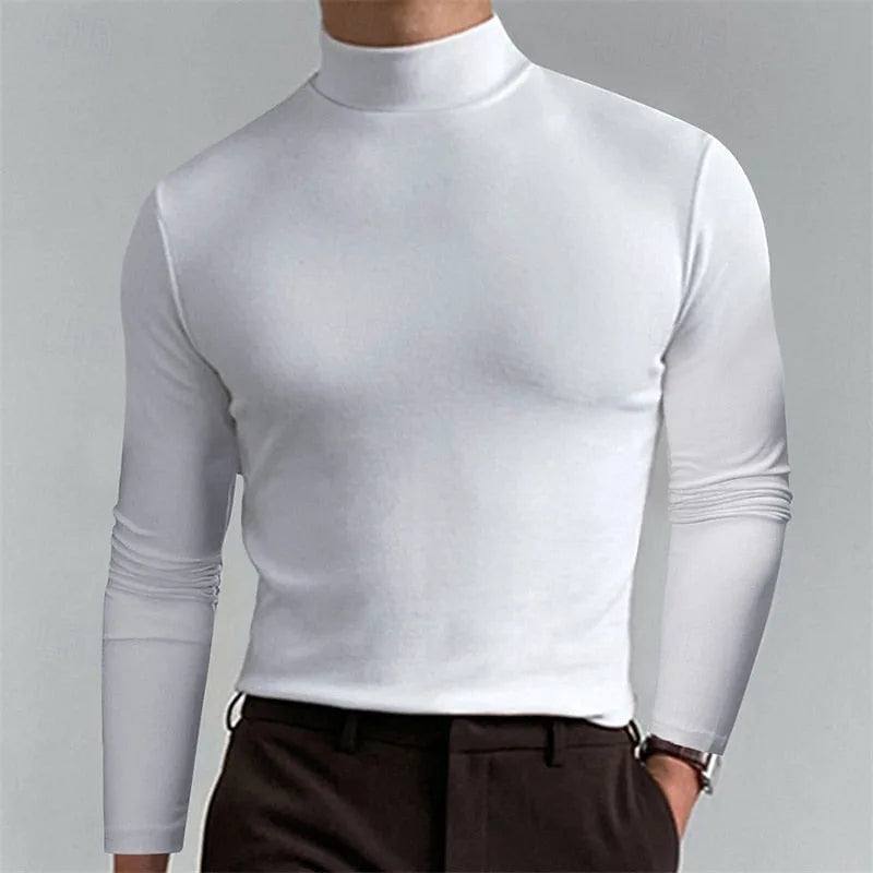 Side-angle shot of a white mock-neck top showing its close, ribbed collar and smooth stretch fabric