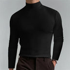 Close front view of a black mock-neck top highlighting the ribbed high collar and body-hugging fit