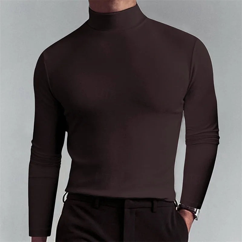 Rich coffee brown mock-neck top shown at a slight angle, highlighting the smooth stretch fabric