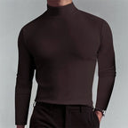 Rich coffee brown mock-neck top shown at a slight angle, highlighting the smooth stretch fabric