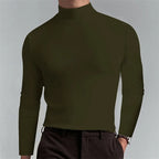 Close-up front view of a mock-neck top showing the ribbed collar construction and slim tailored fit