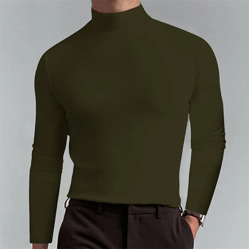 Close-up front view of a mock-neck top showing the ribbed collar construction and slim tailored fit