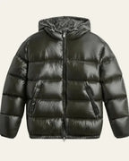 Front view of a men's glossy olive green puffer jacket with full zip and attached hood