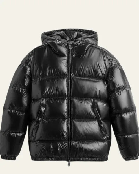 Close-up of the ribbed cuff and sleeve finish on the black puffer jacket
