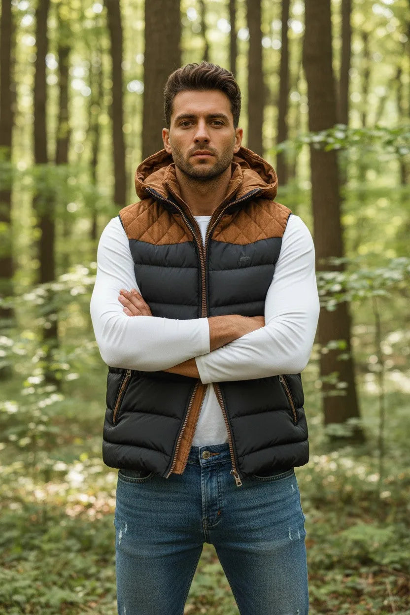 Man wearing a black and tan quilted padded gilet with hood, arms crossed, standing in a forest.