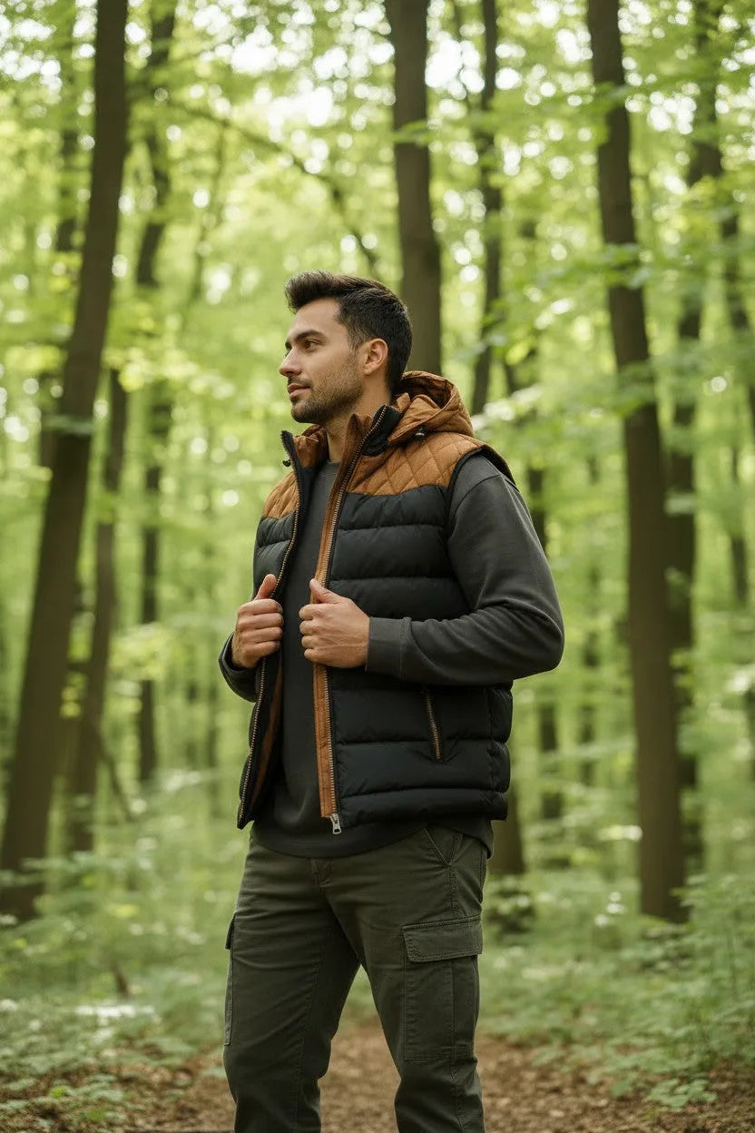 Side profile of the man holding the gilet's zip, highlighting the hood and contrast tan trim detail.