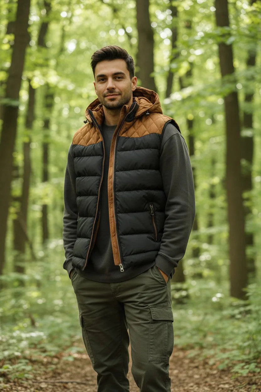 Man standing in the woods wearing the black gilet with hood down, paired with a grey jumper and cargo trousers.