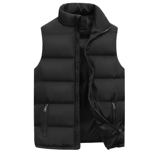 Flat view of a black quilted gilet showing stand collar, centre zip and twin zip pockets, open to reveal the lining