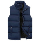 Flat view of a navy blue quilted gilet with stand collar, full zip closure and two zip pockets