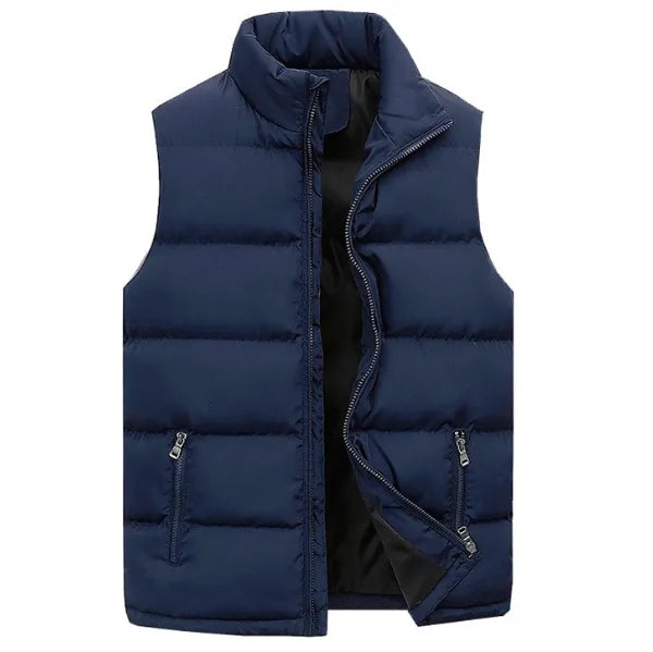 Flat view of a navy blue quilted gilet with stand collar, full zip closure and two zip pockets