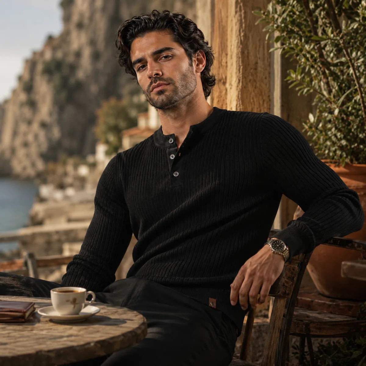 Close-up of the stand-up collar and button placket on a brown ribbed knit jumper