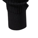Overhead flat lay of a black ribbed knit henley jumper showing full sleeve length and body shape