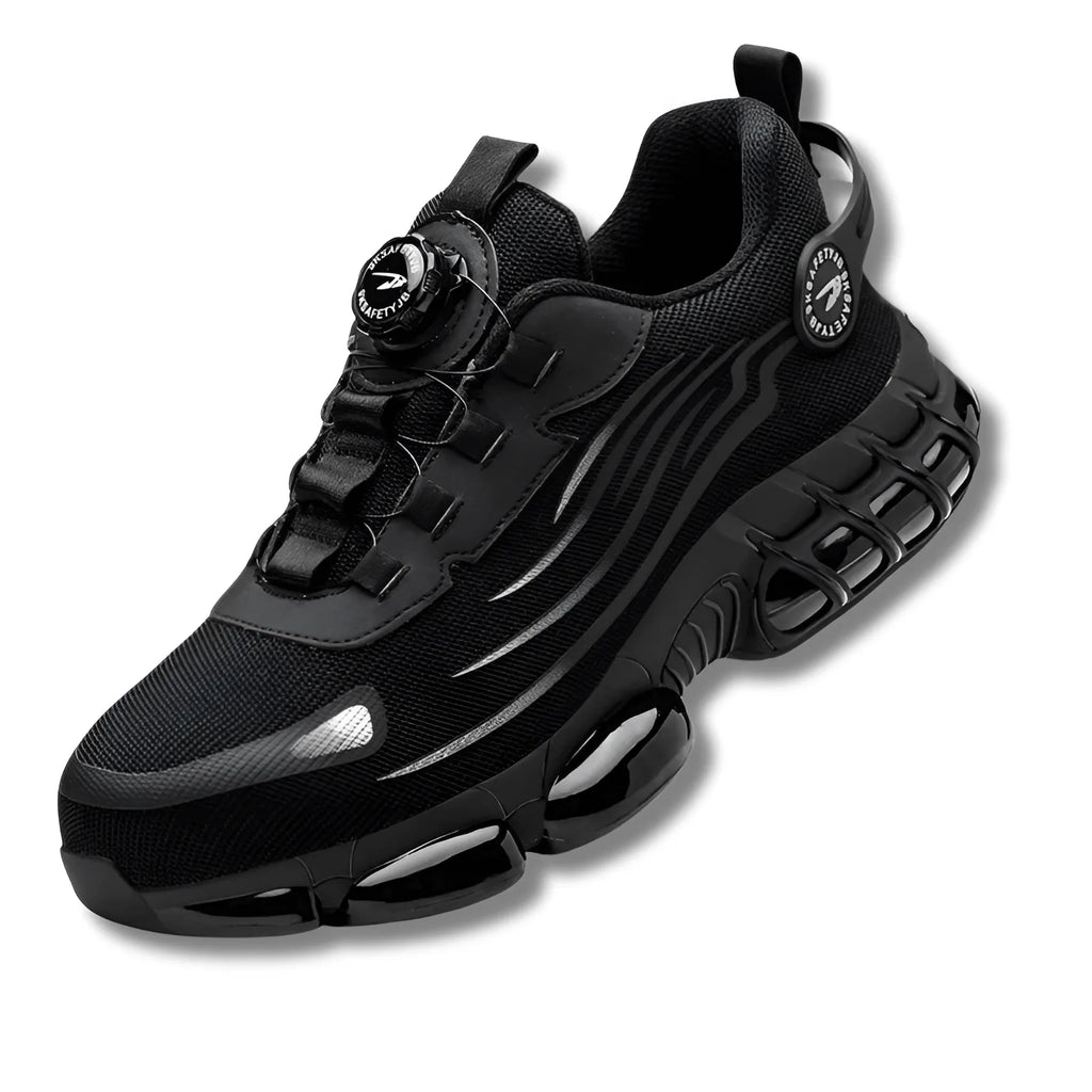 Angled view of a black mesh trainer with reinforced panels, dial-lace closure and chunky ridged midsole
