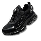 Angled view of a black mesh trainer with reinforced panels, dial-lace closure and chunky ridged midsole