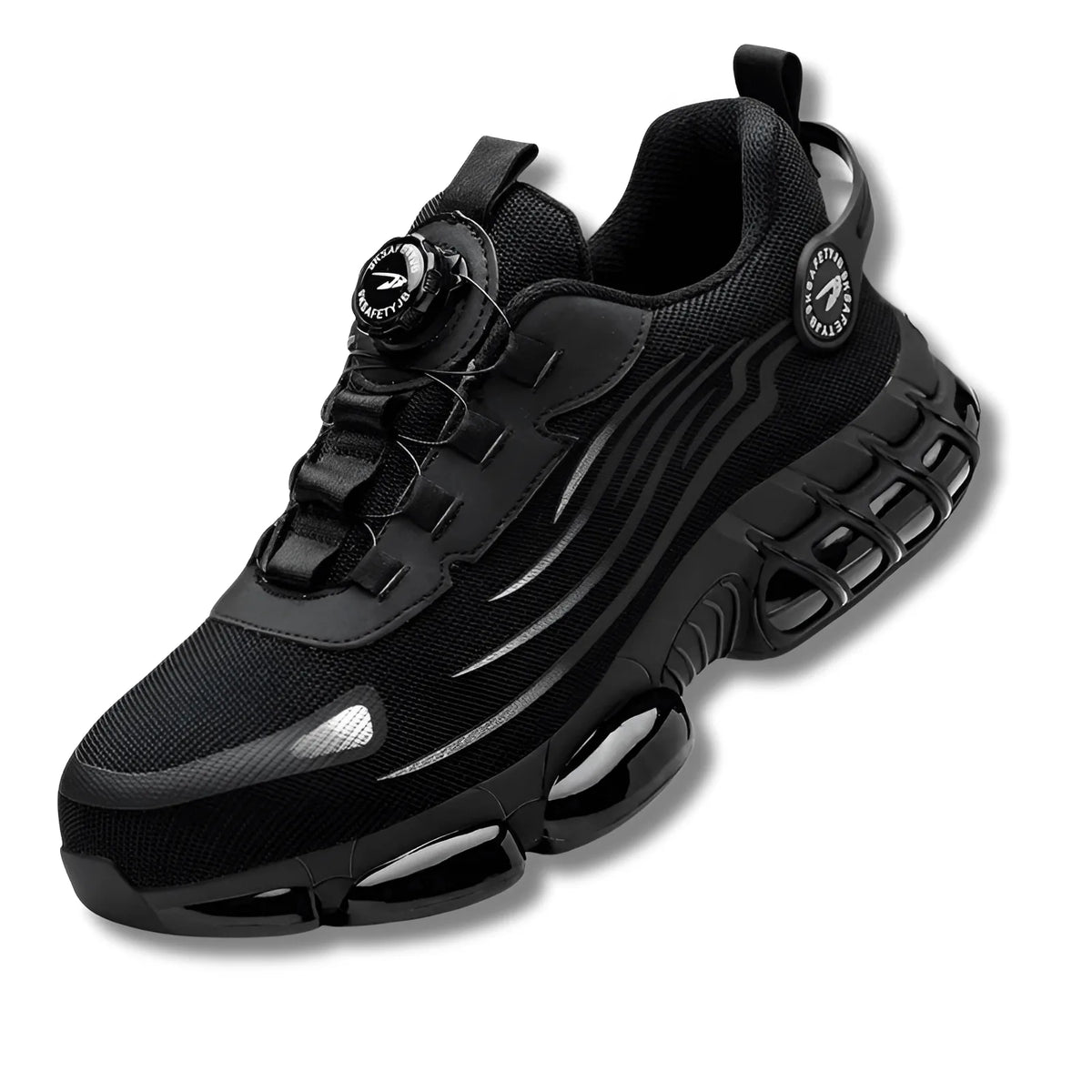 Angled view of a black mesh trainer with reinforced panels, dial-lace closure and chunky ridged midsole