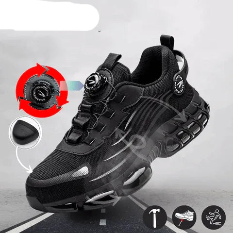 Studio graphic of the black trainer highlighting the rotary dial closure and shock-absorbing sole icons