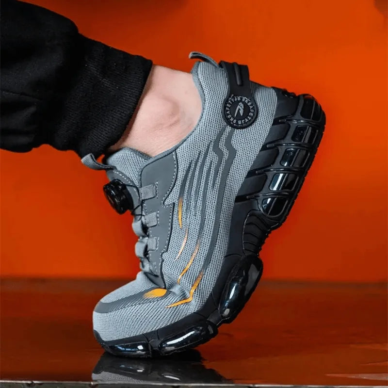 Side profile of a man's foot in a grey trainer resting on an orange-lit ledge, showing the dial and sole