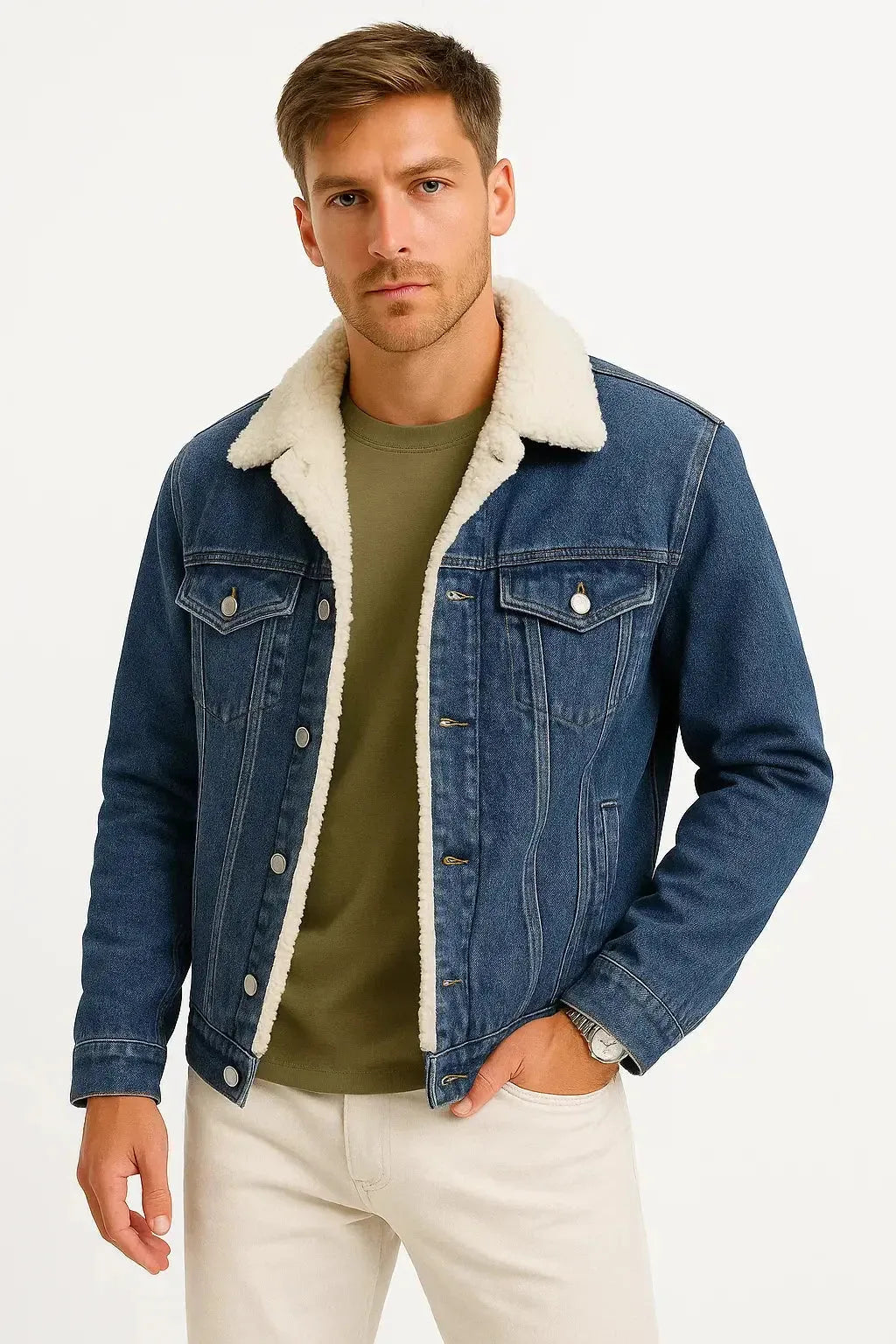 Man wearing a dark blue denim jacket with cream shearling collar, worn open over an olive green t-shirt