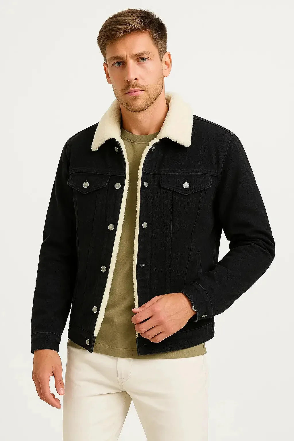 Man wearing a black denim jacket with cream shearling collar, buttoned over an olive green t-shirt