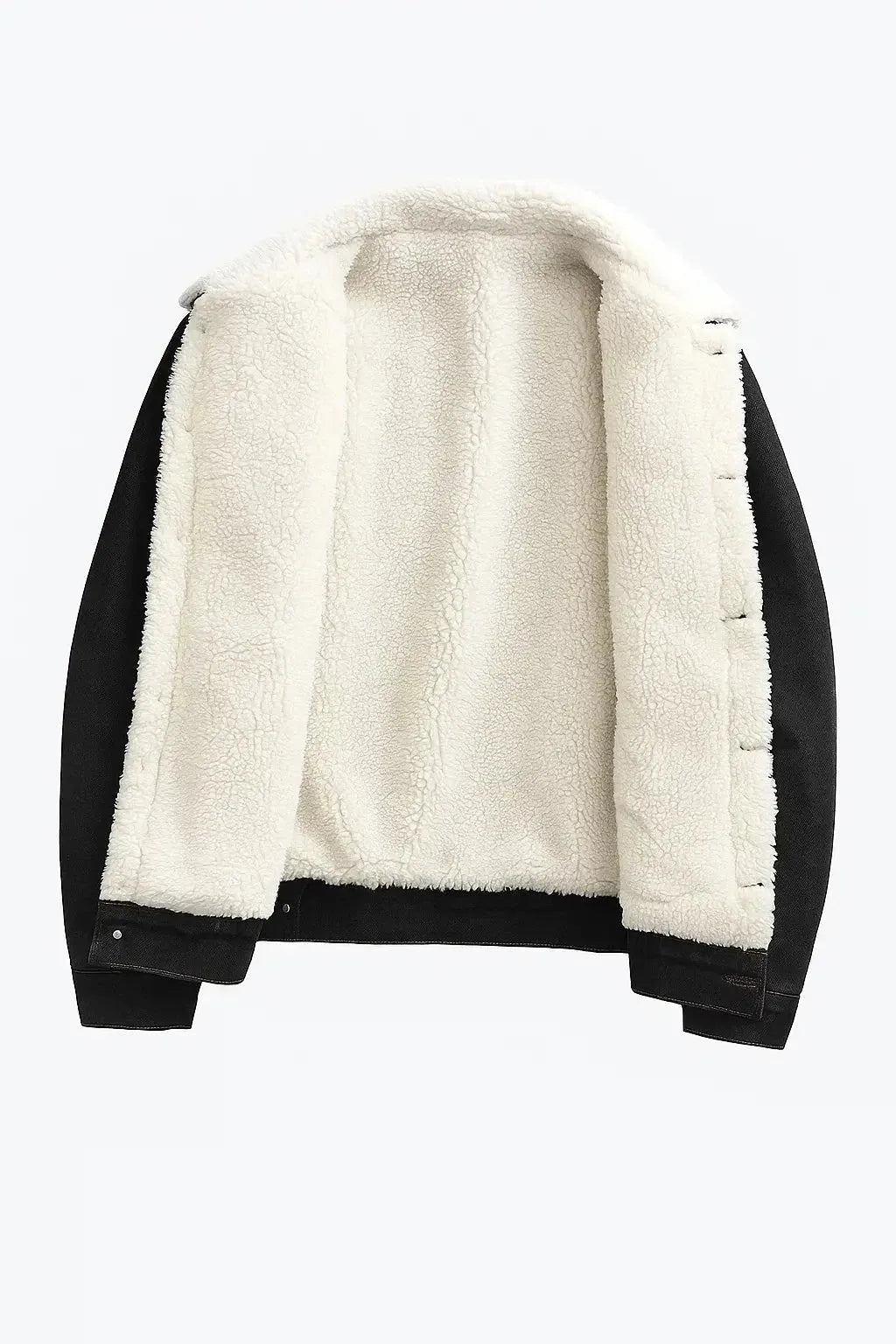 Black denim jacket laid flat and open, showing the full cream shearling lining and sleeves