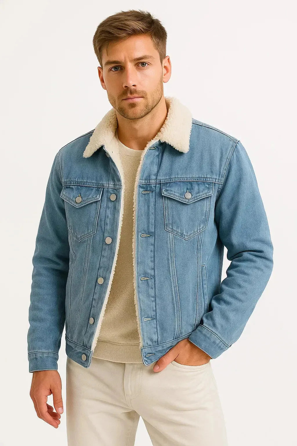 Man wearing a light blue denim jacket with cream shearling collar, open over a beige jumper