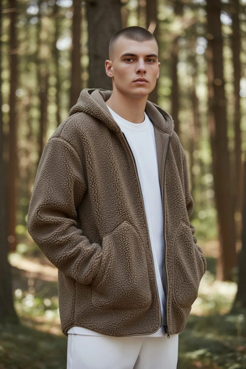 Front view of a man wearing a brown textured sherpa fleece zip hoodie with hood up over a white t-shirt in a forest setting