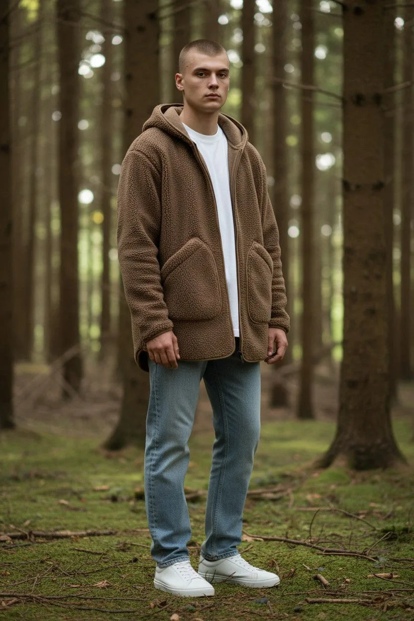 Full body shot of the brown sherpa fleece hoodie worn open over a white t-shirt with jeans and white trainers