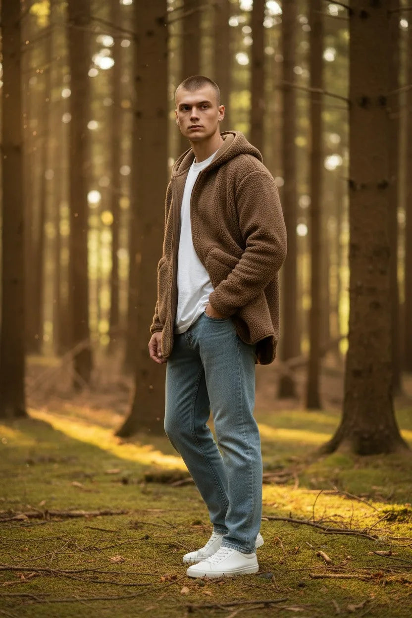 Side angle of the brown sherpa fleece hoodie showing the relaxed fit, front pockets and zip detail against a forest backdrop
