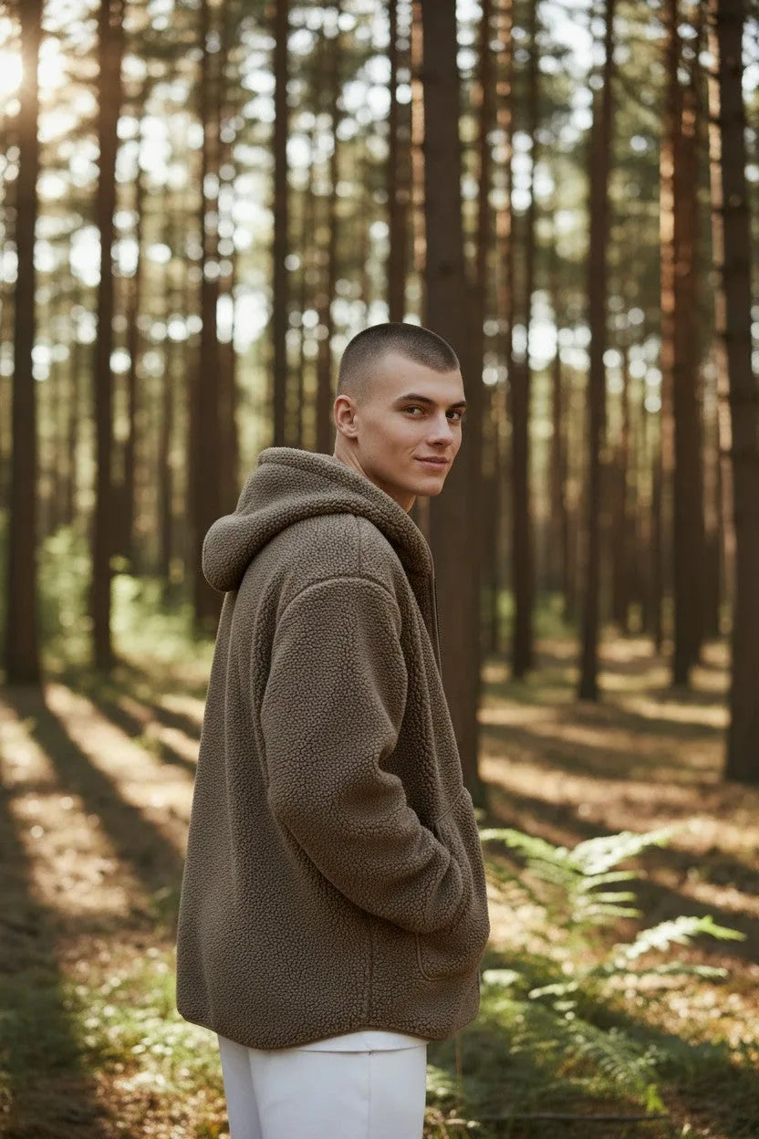 Close-up back and side view of the brown sherpa fleece hoodie with hood up, highlighting the textured fabric and seam detailing