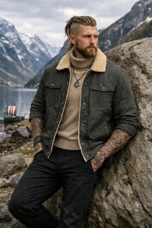 Man wearing an olive green sherpa-collar jacket buttoned up over a tan polo neck jumper near mountains