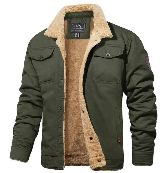 Olive green sherpa-collar jacket laid flat, fully buttoned, showing chest pockets and sleeve patch