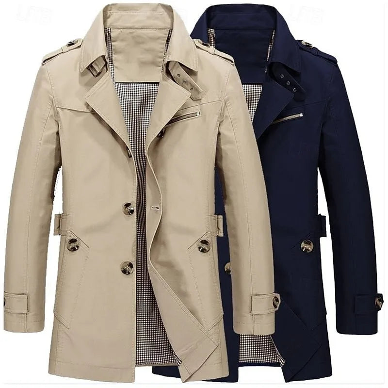Beige and navy trench coats side by side, showing collar, epaulettes and button-front styling